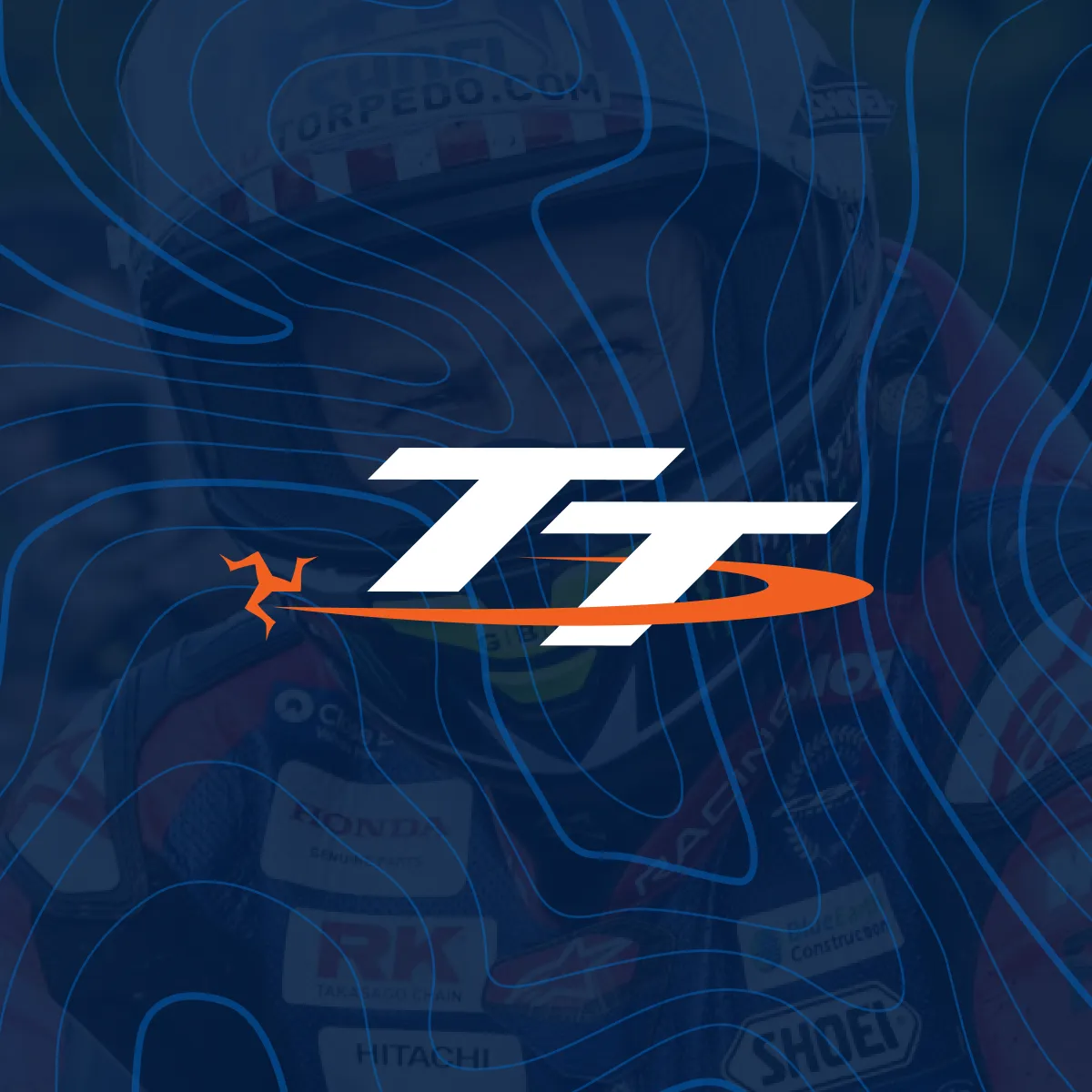 Isle of Man TT Races official logo featuring the TT wordmark with the Triskelion symbol and orange swoosh, on a navy blue background with a topographic line pattern